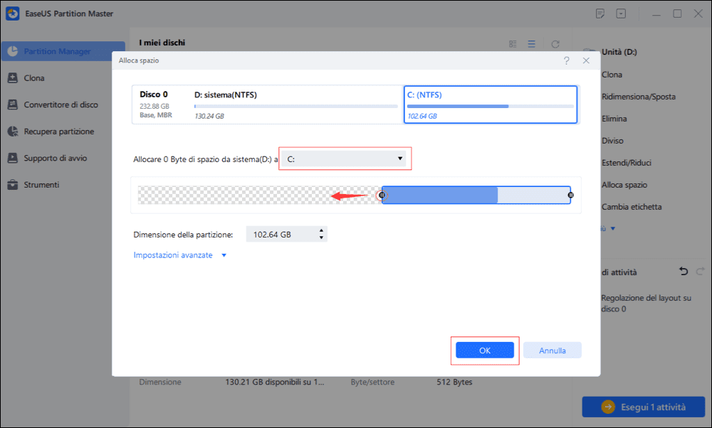 allocare spazio per estendere partizione