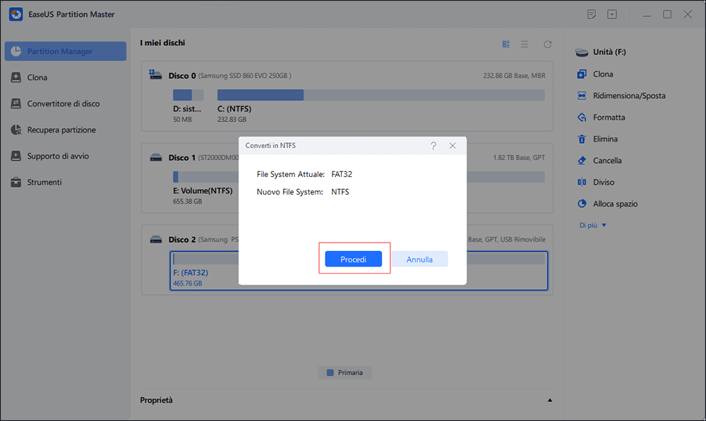 clicca su 'procedi' per convertire FAT32 in NTFS