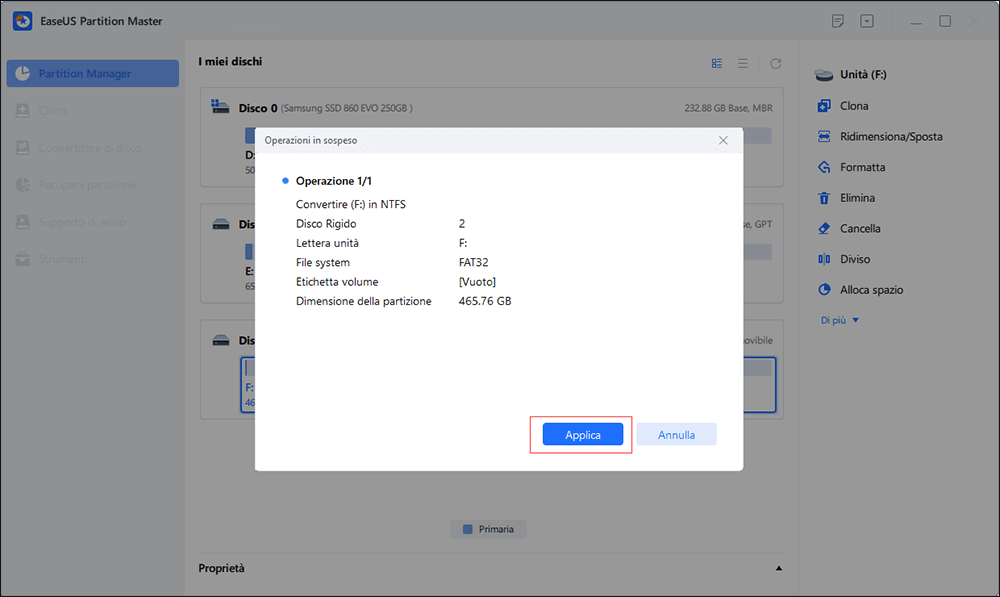 Applica la conversione da FAT32 a NTFS