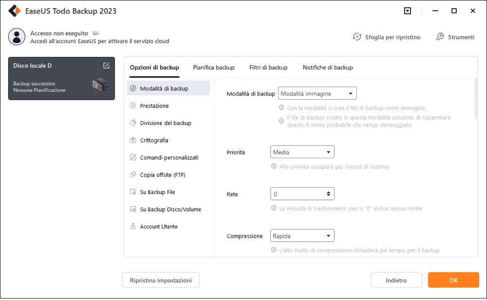 opzione del Backup